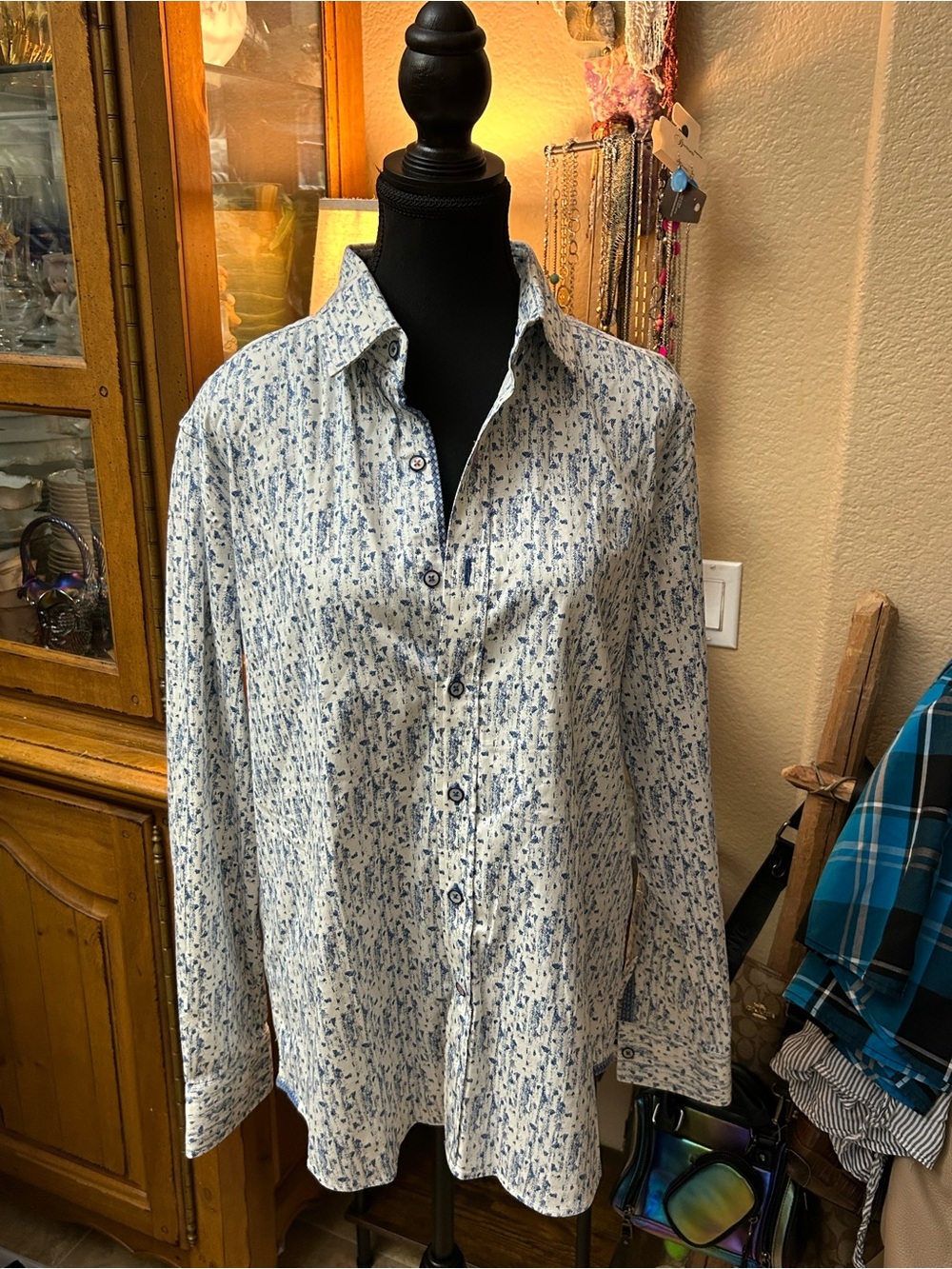 Robert Graham White Button-Down Shirt with Blue Microprint